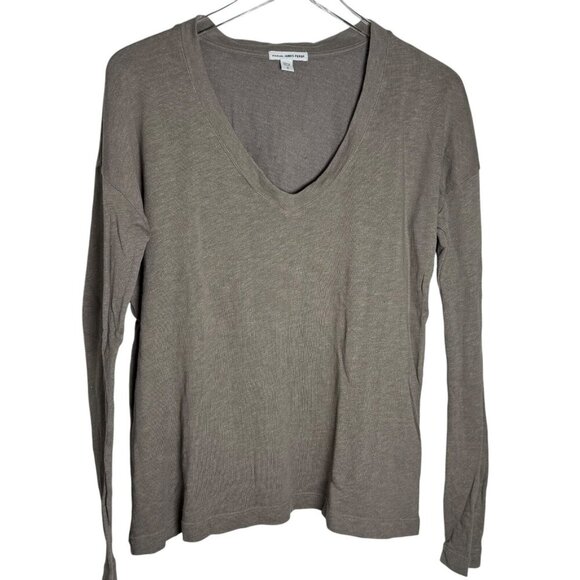 James Perse Vintage French Terry Sweatshirt Womens size 3 Large v-neck Taupe - Picture 1 of 7